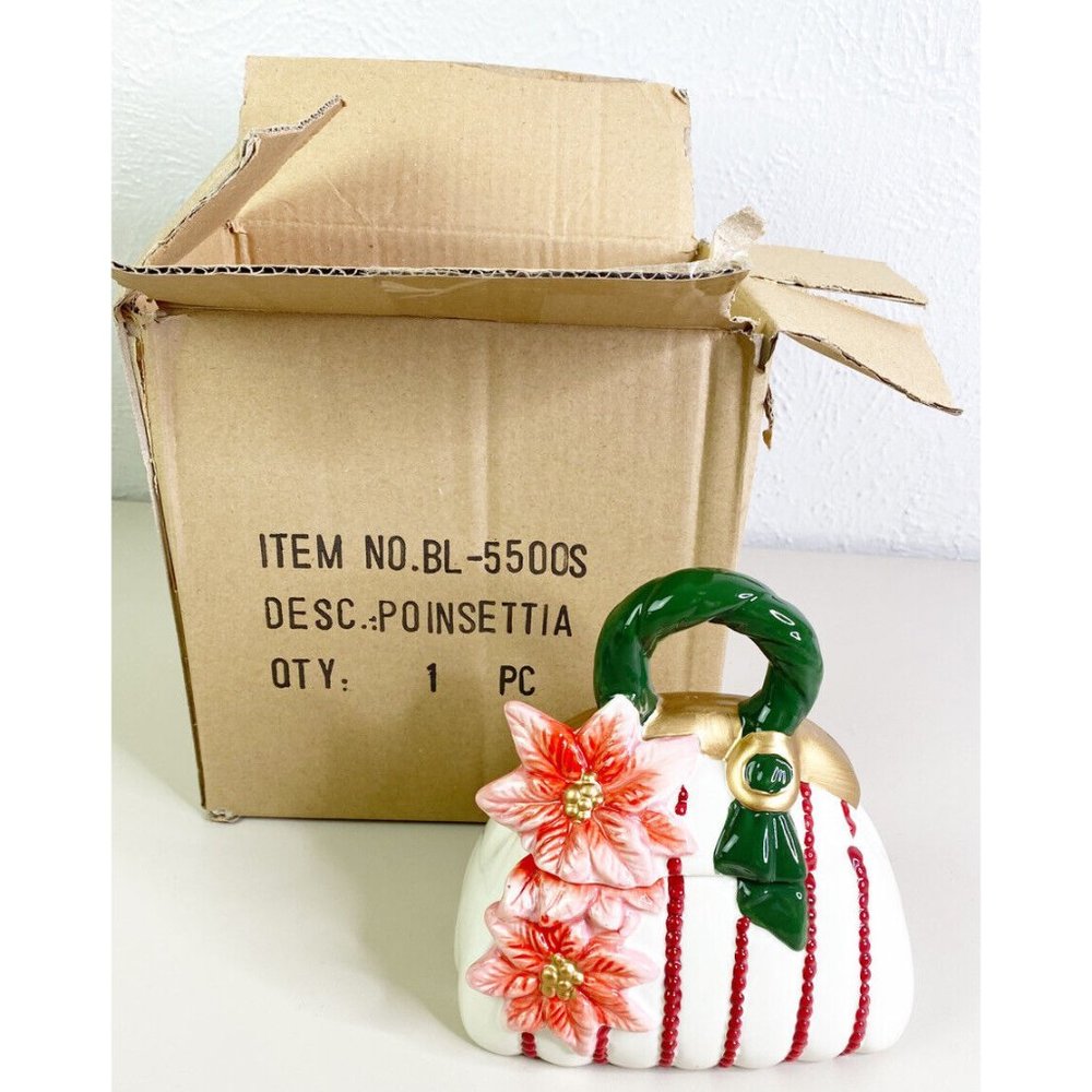 VTG David's Cookies Ceramic Holiday Poinsettia Christmas Purse Cookie Jar NIB